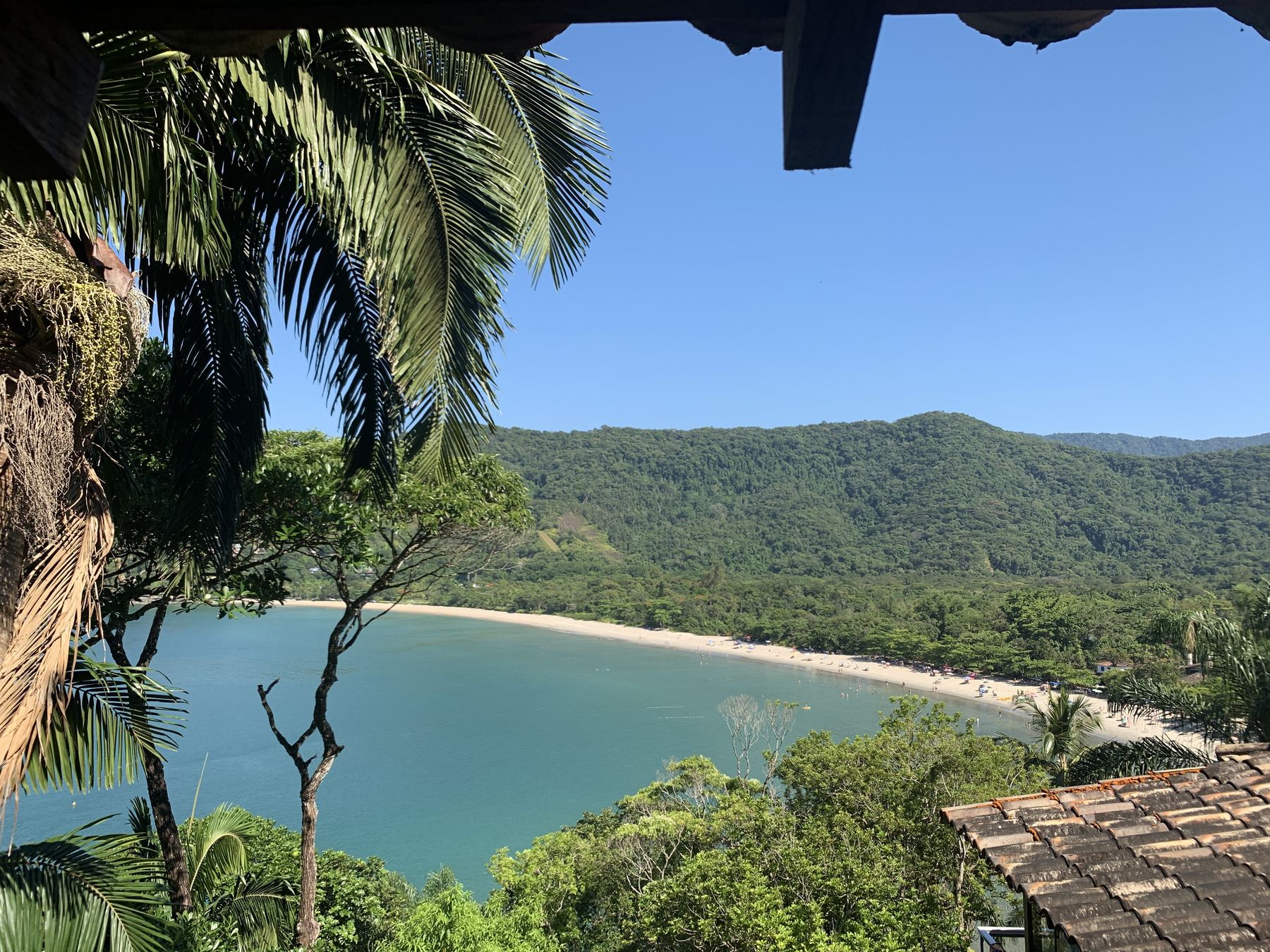 The turquoise bay and beach of Barra do Sahy from above